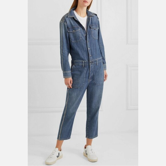 Current/Elliott Crew Cropped Studded Denim Jumpsuit Coverall Levy